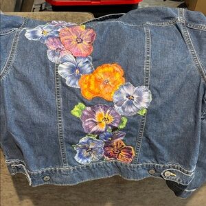 Lands' End Blue Denim Jacket with Colorful Floral Embroidery